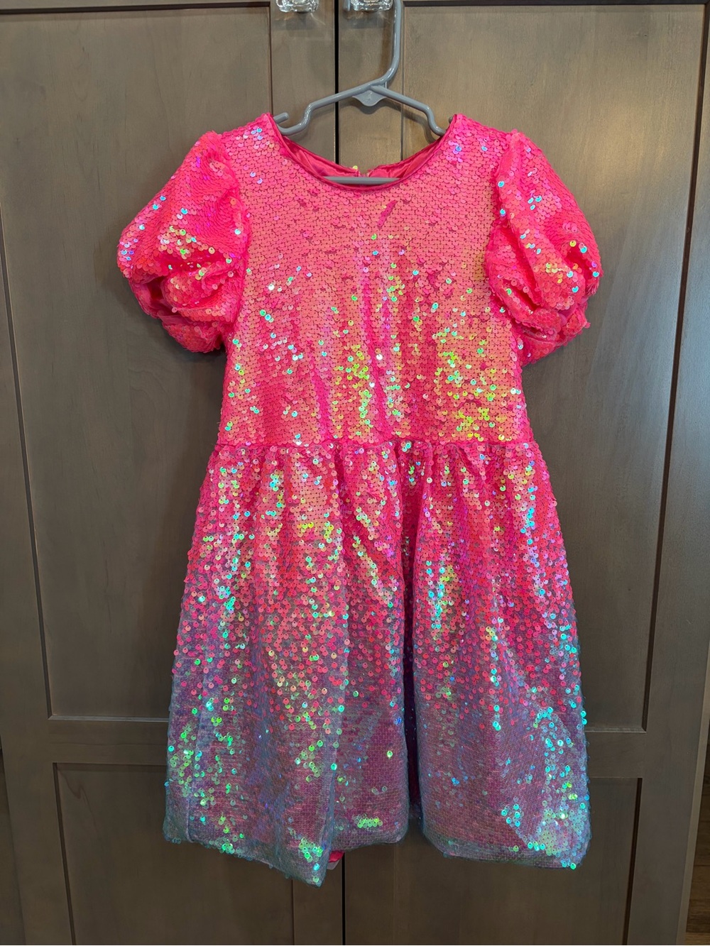 lola Hot Pink Sequin Puff Sleeve ombre Dress